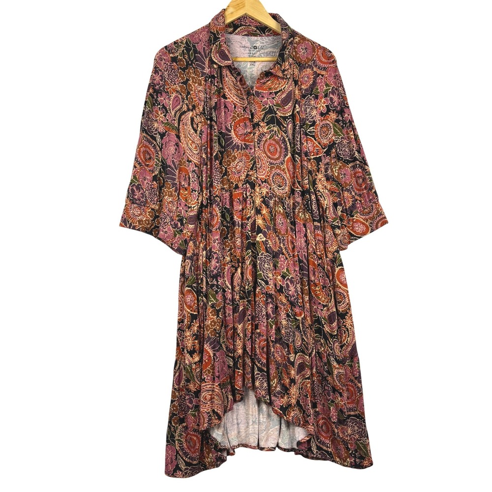 Natural Life Women Hi-Lo Short Sleeve Tunic Dress XXL Paisley Boho Peasant Artsy